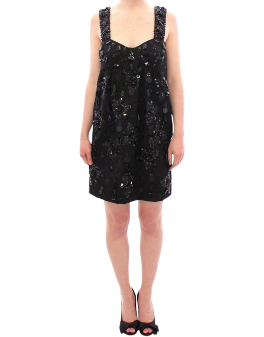 Dolce & Gabbana Schwarzes geblümtes, kristallbesetztes Kleid