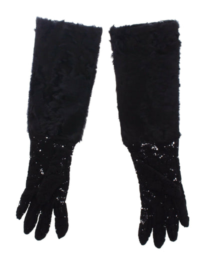Dolce & Gabbana Schwarze Spitze Wolle Lammfell Pelz Ellenbogenhandschuhe