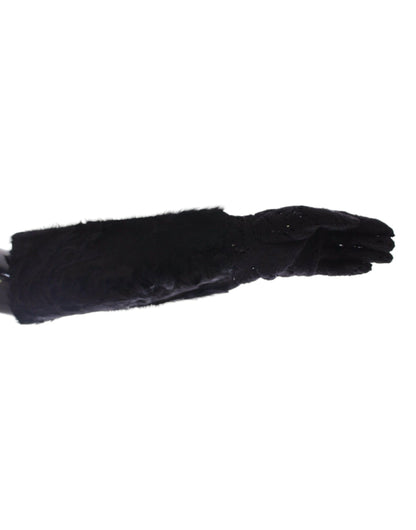 Dolce & Gabbana Schwarze Spitze Wolle Lammfell Pelz Ellenbogenhandschuhe