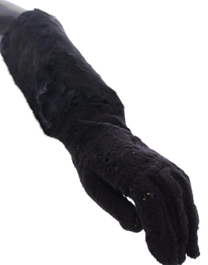 Dolce & Gabbana Schwarze Spitze Wolle Lammfell Pelz Ellenbogenhandschuhe