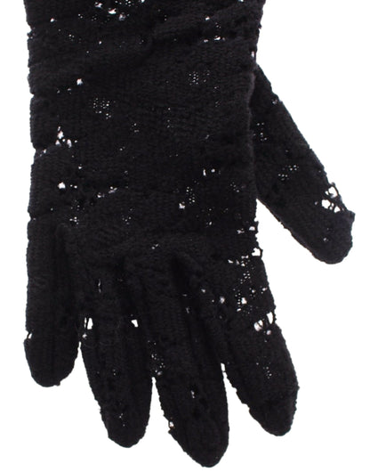 Dolce & Gabbana Schwarze Spitze Wolle Lammfell Pelz Ellenbogenhandschuhe