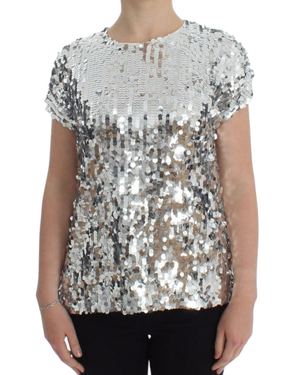 Dolce & Gabbana Silberne paillettenbesetzte Bluse mit Rundhalsausschnitt T-shirt Top