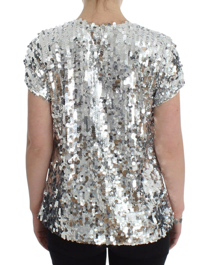 Dolce & Gabbana Silberne paillettenbesetzte Bluse mit Rundhalsausschnitt T-shirt Top