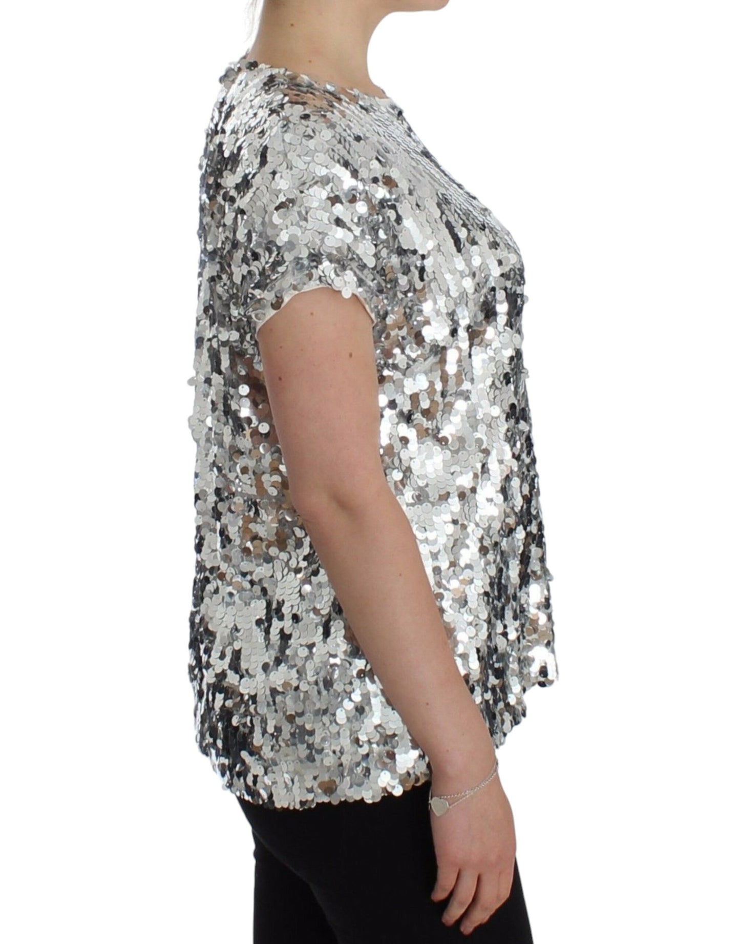 Dolce & Gabbana Silberne paillettenbesetzte Bluse mit Rundhalsausschnitt T-shirt Top