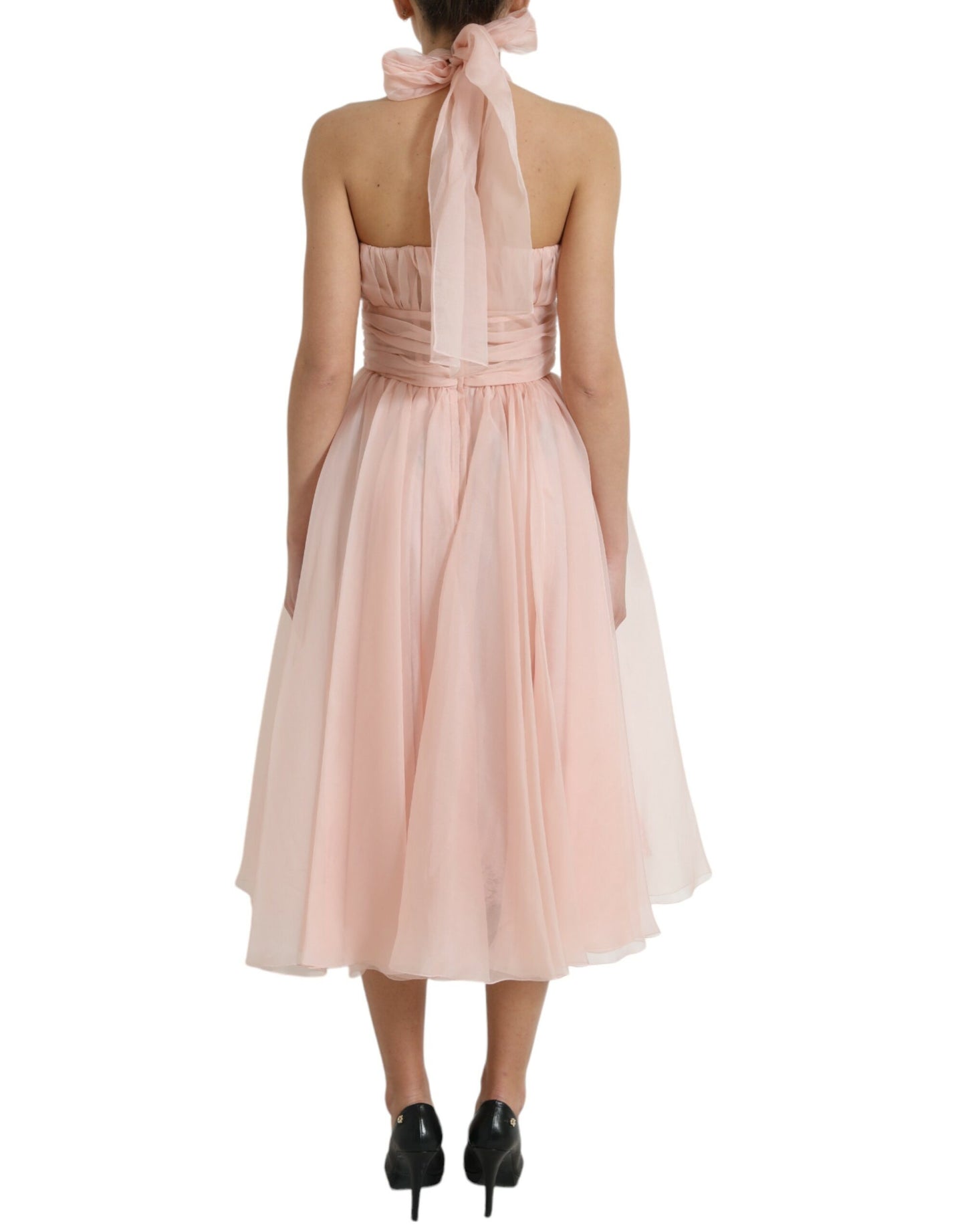 Dolce & Gabbana Rosa Seidenchiffon Halter A-Linie plissiertes Midikleid