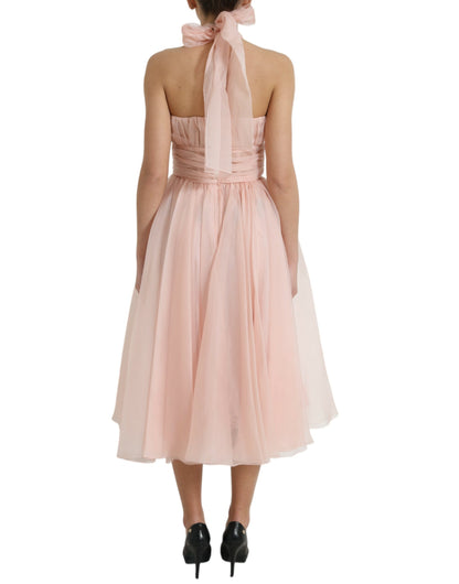 Dolce & Gabbana Rosa Seidenchiffon Halter A-Linie plissiertes Midikleid