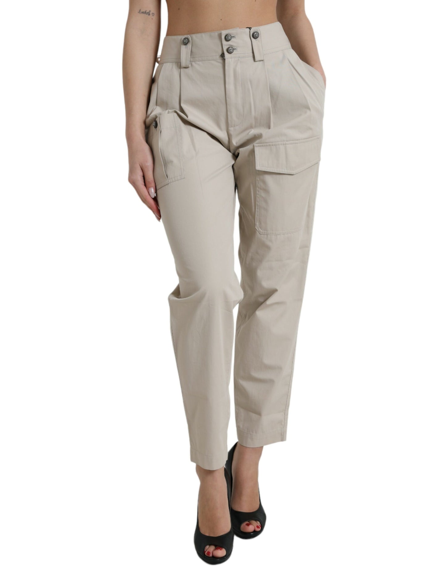 Dolce & Gabbana Beige Baumwollhose mit hoher Taille und konisch zulaufendem Schnitt