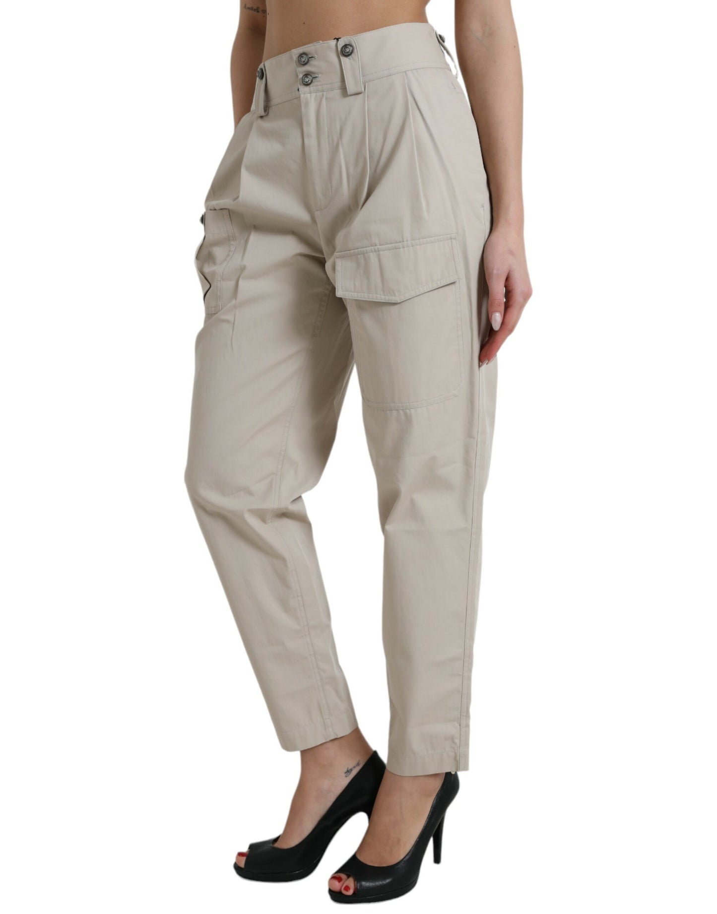 Dolce & Gabbana Beige Baumwollhose mit hoher Taille und konisch zulaufendem Schnitt