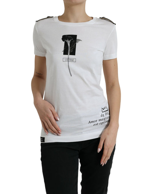 Dolce & Gabbana White Black Roses Cotton T-Shirt with Round Neck