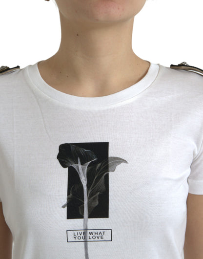 Dolce & Gabbana Weiß Schwarz Rosen Baumwoll-T-Shirt mit Rundhalsausschnitt