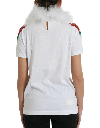 Dolce & Gabbana Weißes Baumwoll-Weihnachts-T-Shirt mit Paillettenpelz