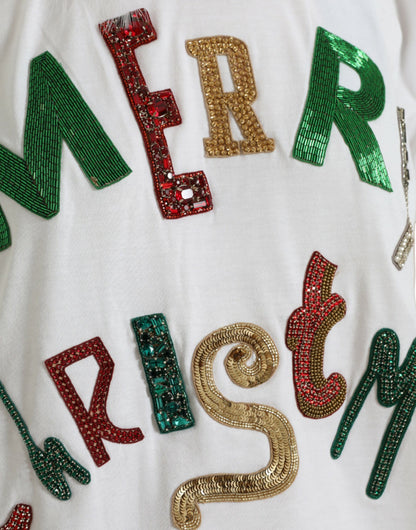 Dolce & Gabbana Weißes Baumwoll-Weihnachts-T-Shirt mit Paillettenpelz