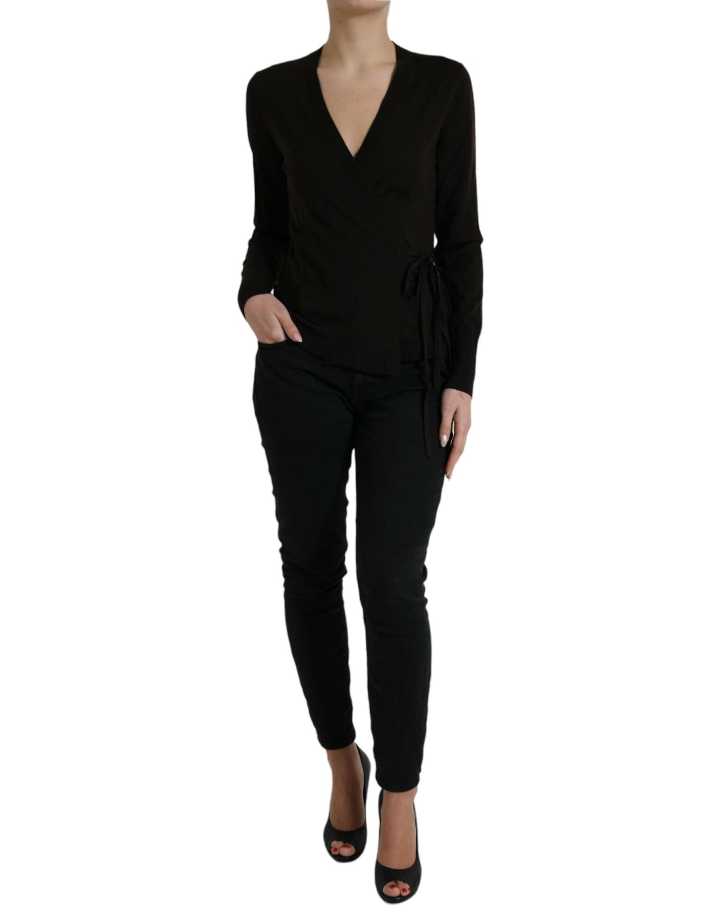 Dolce & Gabbana Schwarzer Wollpullover mit V-Ausschnitt und gekreuztem Kragen