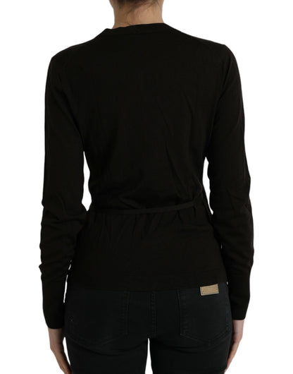 Dolce & Gabbana Schwarzer Wollpullover mit V-Ausschnitt und gekreuztem Kragen