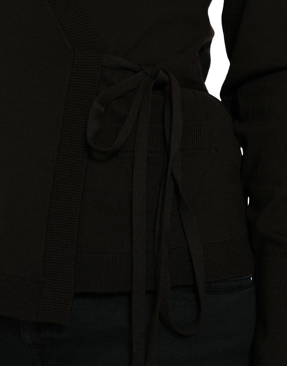 Dolce & Gabbana Schwarzer Wollpullover mit V-Ausschnitt und gekreuztem Kragen