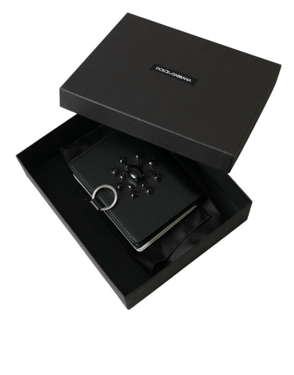 Dolce & Gabbana Schwarzes weißes Leder Crystal Embellished Cardholder Wallet