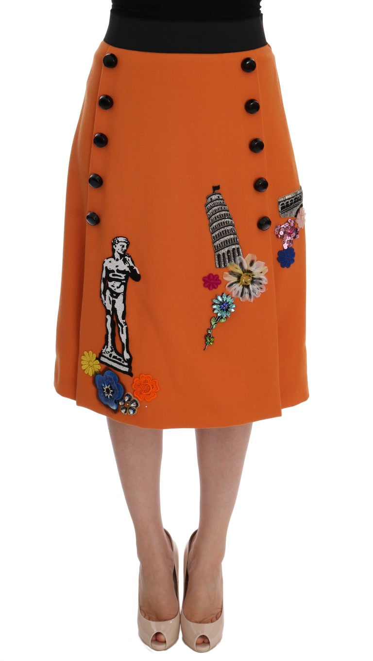 Dolce & Gabbana Orangefarbener Wollrock mit Kristall-Pailletten-Applikationen