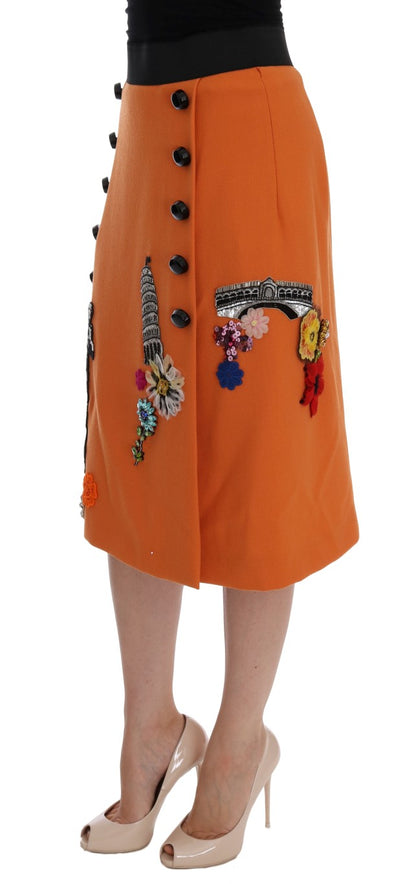 Dolce & Gabbana Orangefarbener Wollrock mit Kristall-Pailletten-Applikationen