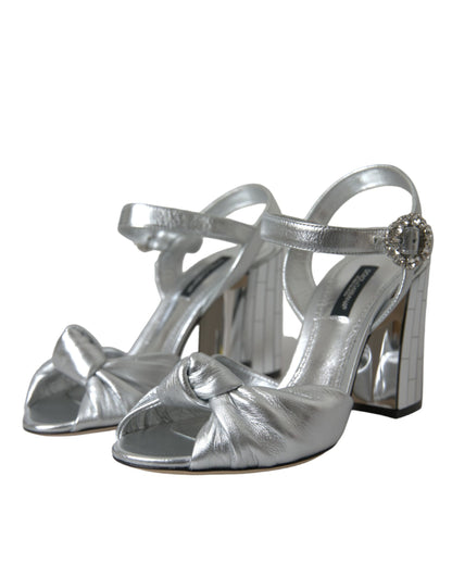Dolce & Gabbana Silberne Lammfell Leder Absätze Sandalen Schuhe