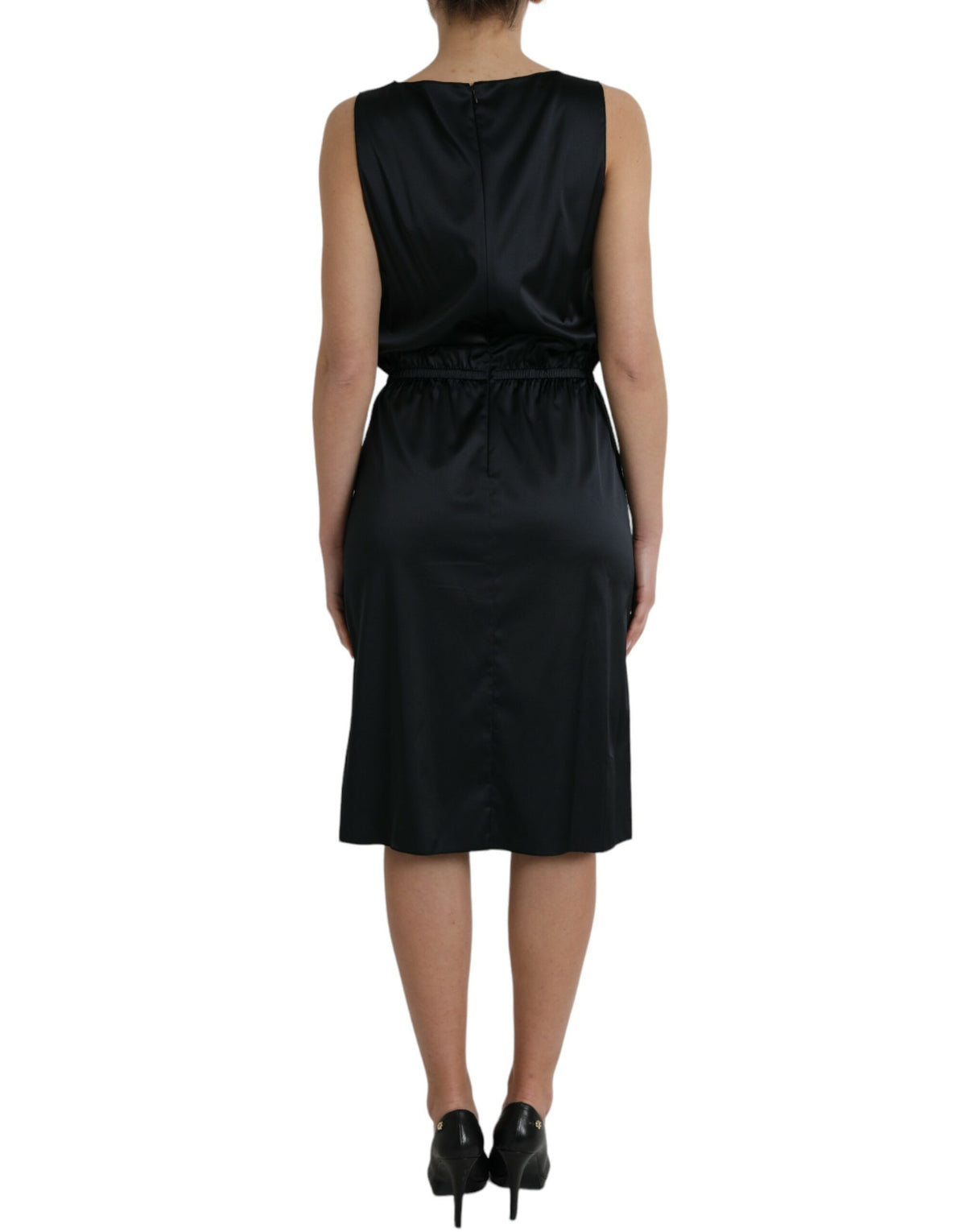Dolce & Gabbana Schwarzes ärmelloses Midikleid mit Spitzenbesatz