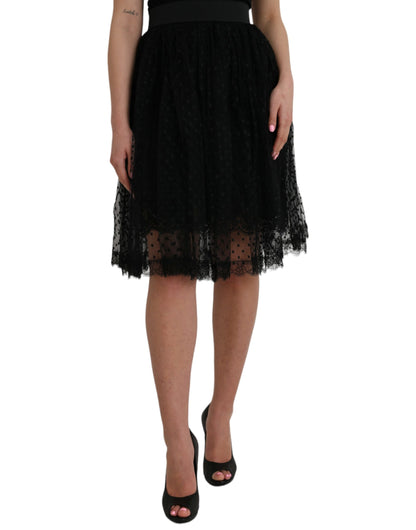 Dolce & Gabbana Schwarzer Nylonrock mit Spitzenbesatz und hoher Taille in A-Linie