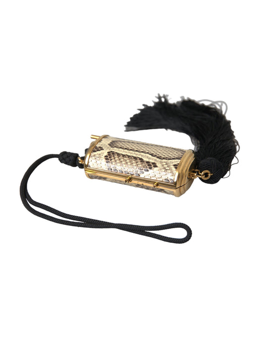 Dolce & Gabbana Beige Exotic Leather Mini Mirror Tassel Makeup Bag