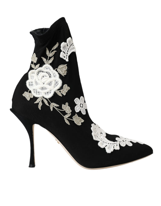 Dolce & Gabbana Black and White Embroidery Slip-On Boots Shoes