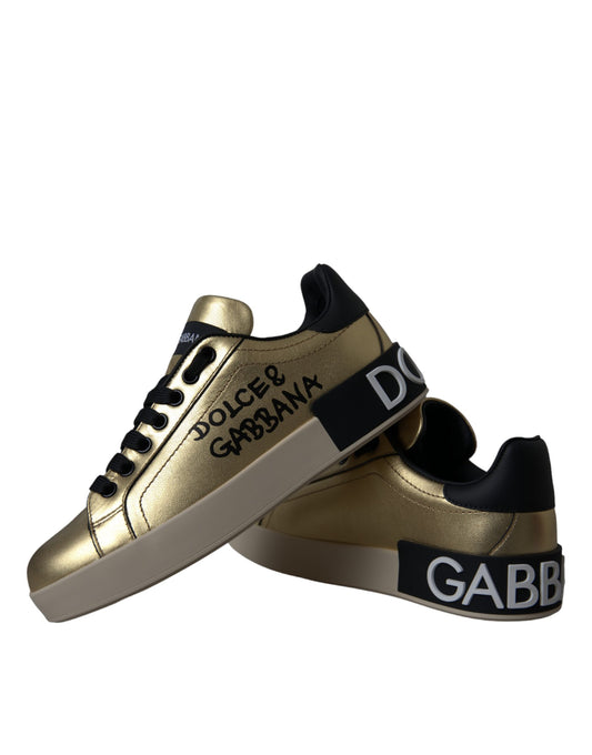 Dolce & Gabbana Portofino Gold-schwarze Kalbsleder-Sneaker