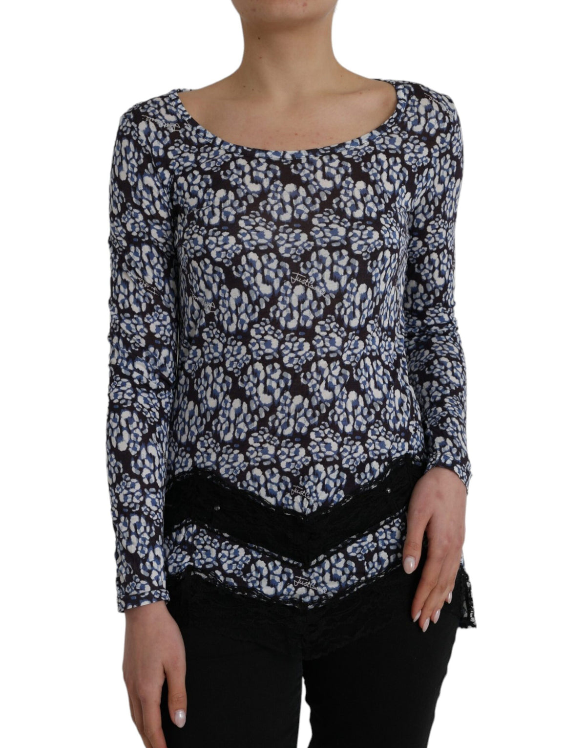 Just Cavalli Blusa a maniche lunghe con motivo floreale con pizzo blu