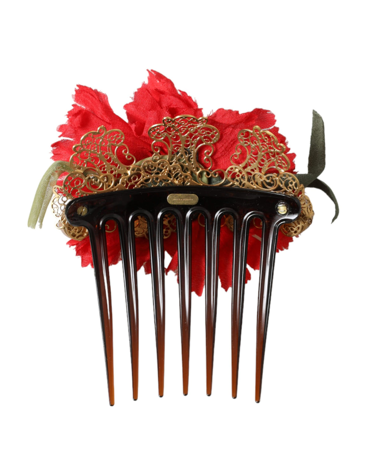 Dolce & Gabbana Roter floraler Haarkamm aus Seide und Messing