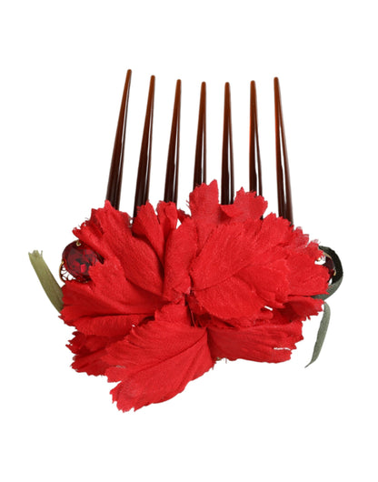 Dolce & Gabbana Roter floraler Haarkamm aus Seide und Messing