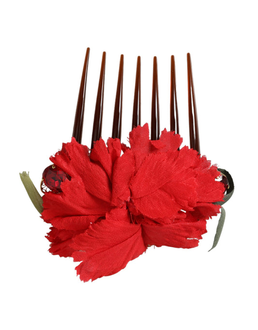 Dolce & Gabbana Roter floraler Haarkamm aus Seide und Messing