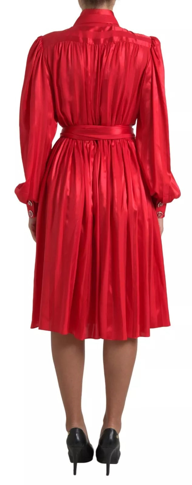 Dolce & Gabbana Rotes Midikleid mit Gürtel und Knopfleiste aus Satin und Seide
