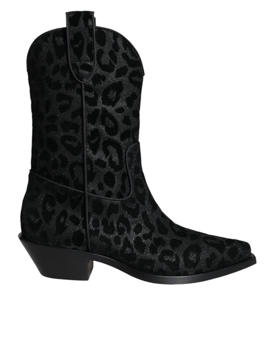 Dolce & Gabbana Black Grey Leopard Cowboy Boots Shoes