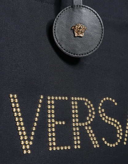 Versace Schwarze Top Handle Canvas Leder Logo Crossbody Tote Bag