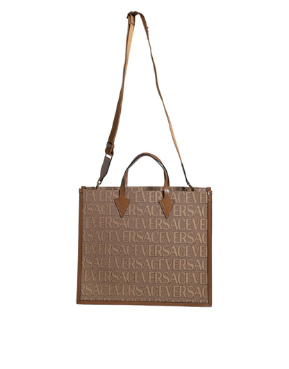 Versace Braune Jacquard-Leder-Logo-Crossbody-Tasche mit Obergriff