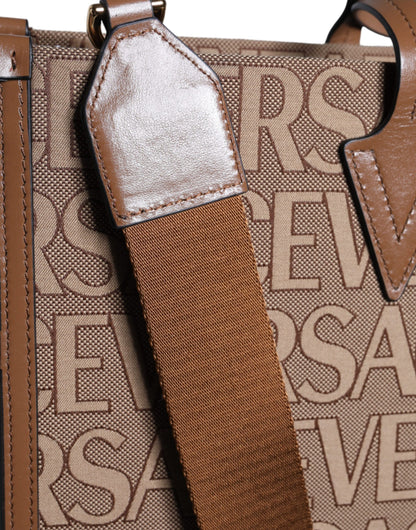 Versace Braune Jacquard-Leder-Logo-Crossbody-Tasche mit Obergriff