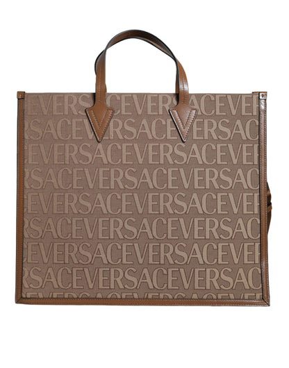 Versace Braune Jacquard-Leder-Logo-Crossbody-Tasche mit Obergriff