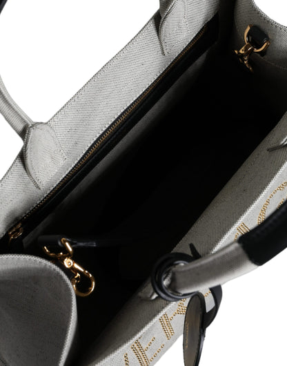 Versace Weiße Top Handle Canvas Leder Logo Crossbody Tote Bag