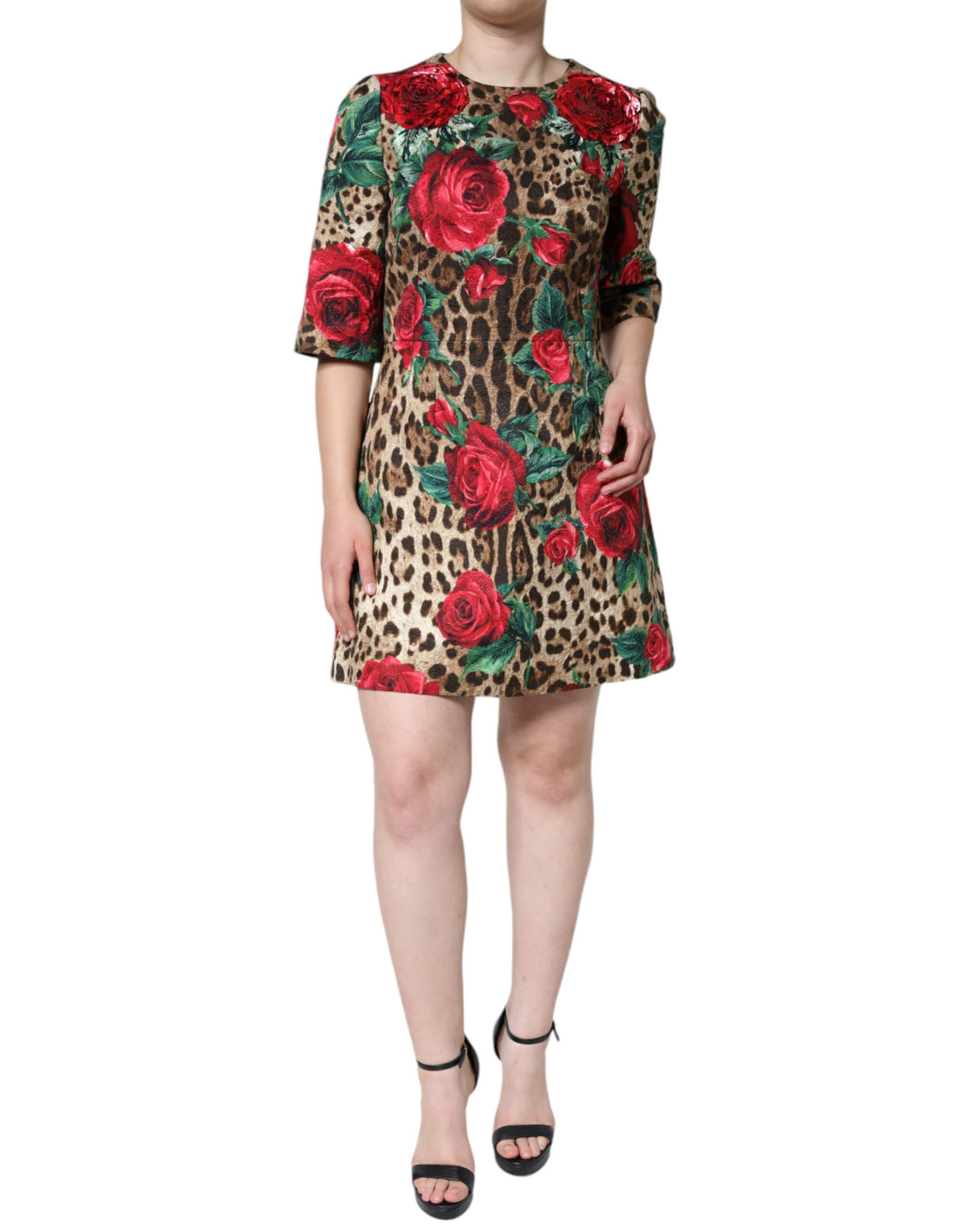 Dolce & Gabbana Braunes A-Linien-Kleid mit Leoparden- und Rosenprint