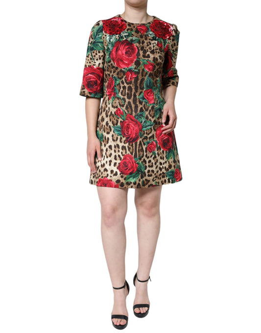 Dolce & Gabbana Braunes A-Linien-Kleid mit Leoparden- und Rosenprint