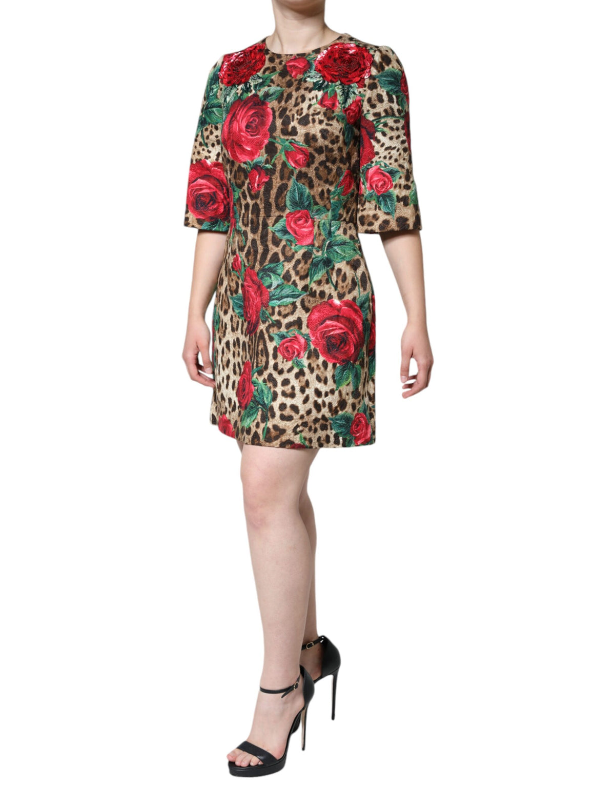 Dolce & Gabbana Braunes A-Linien-Kleid mit Leoparden- und Rosenprint