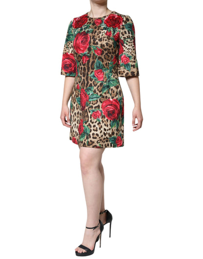 Dolce & Gabbana Braunes A-Linien-Kleid mit Leoparden- und Rosenprint