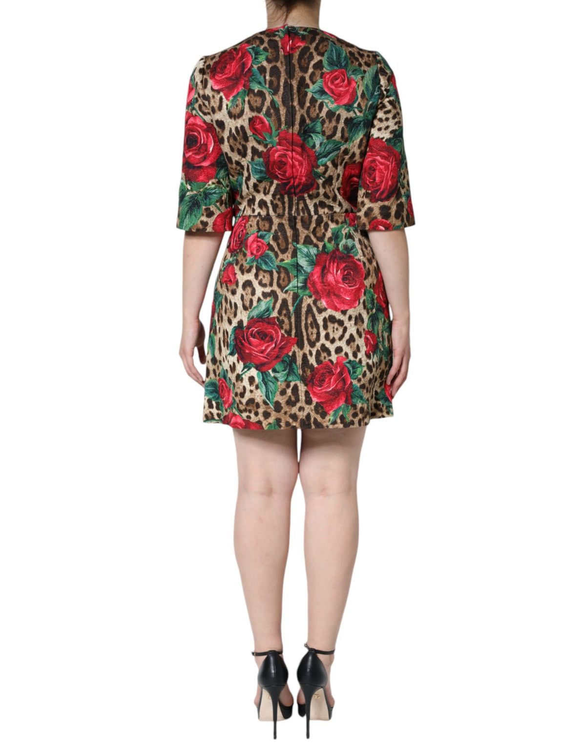 Dolce & Gabbana Braunes A-Linien-Kleid mit Leoparden- und Rosenprint
