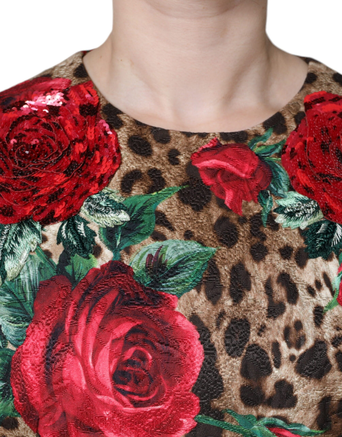 Dolce & Gabbana Braunes A-Linien-Kleid mit Leoparden- und Rosenprint