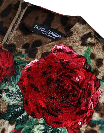 Dolce & Gabbana Braunes A-Linien-Kleid mit Leoparden- und Rosenprint