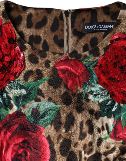 Dolce & Gabbana Braunes A-Linien-Kleid mit Leoparden- und Rosenprint