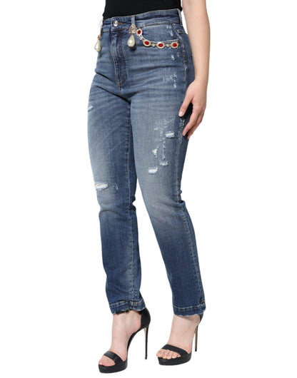 Dolce & Gabbana Jeans Skinny in Cotone Blu Scuro con Dettagli Distressed