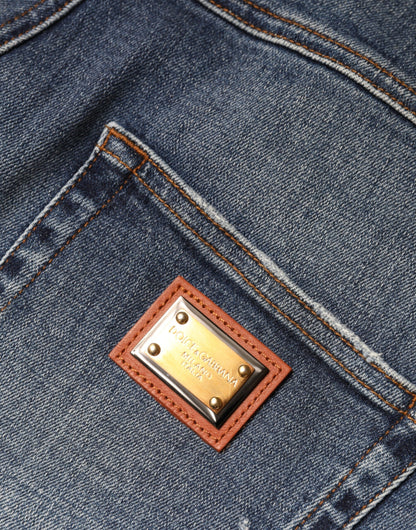 Dolce & Gabbana Jeans Skinny in Cotone Blu Scuro con Dettagli Distressed