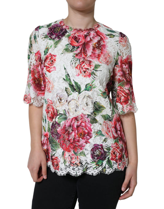 Dolce & Gabbana Weiße Spitzenbluse mit Pfingstrosenprint